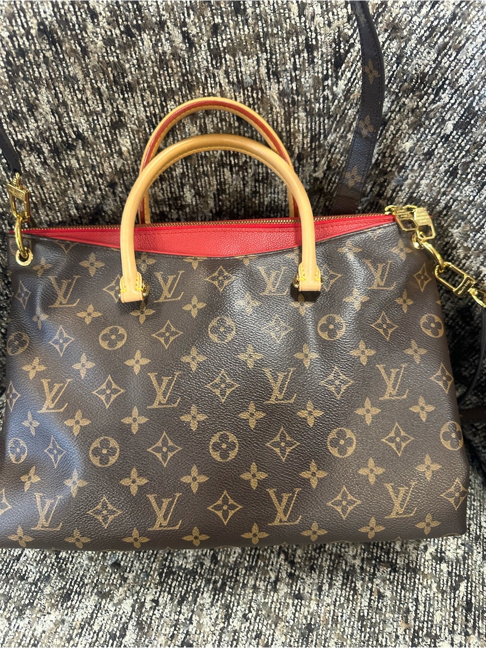 Louis Vuitton Brown Monogram Satchel with Red Trim and Natural Leather Handles